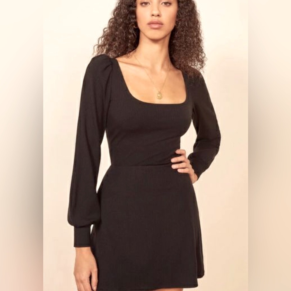 REFORMATION Linah Mini Fit and Flare Dress Black Puff Shoulders XL NWT